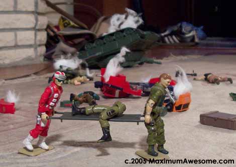 The dead, the dying, the torso-less Medics bear stretcher