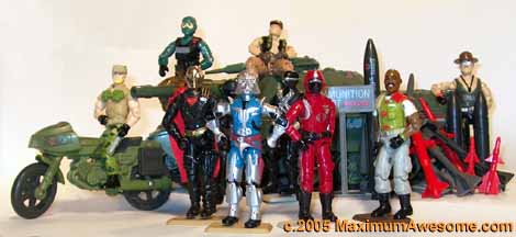 Team Joe. If you squint, you can see both Snake Eyes in there. But not the Series 1 Snake Eyes figure. His joints are so weak, he can't stand by himself anymore.