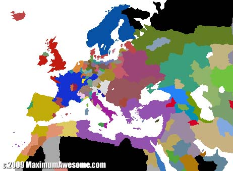 Europe circa early 16th century. My Byzantine Empire is purple. 